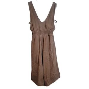Sozy Women Brown Cotton Twill Wide Leg Jumpsuit V-Neck Tie Back Small